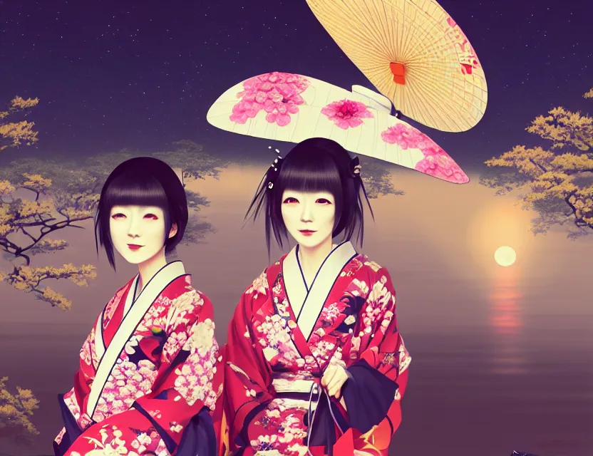 Image similar to two beautiful charming japan girls wear arty kimono in festival | | sunny night, full moon, dreamlike art, realistic shaded, smile, good looking, hyper details, 4 k realistic, cryengine, realistic shaded lighting poster by ilya kuvshinov, fuji choko, ross tran, 8 k resolution, trending on artstation, luxury