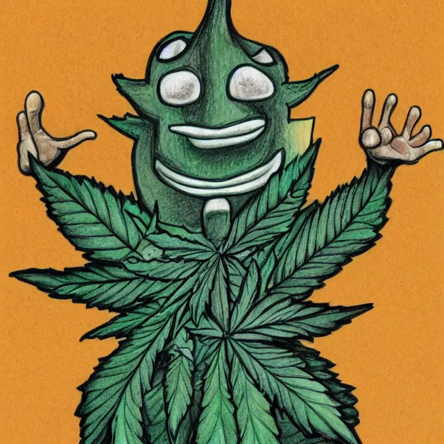 Image similar to cannabis leaf man with a face and arms and legs cartoon, colored pencil illustration