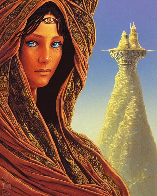 Image similar to arab princess, character portrait, portrait, close up, concept art, intricate details, highly detailed, in the style of chris foss, rodger dean, moebius, michael whelan, and gustave dore