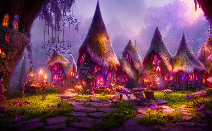 Image similar to inside an ethereal magical fairy village, highly detailed, 8 k, hdr, award - winning, octane render, artstation