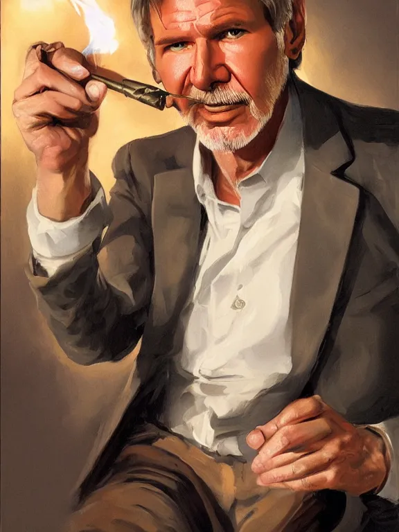 Prompt: portrait of harrison ford lighting a joint, in a style blend of whelan and leyendecker and rockwell, oil painting, volumetric lighting, intricate details