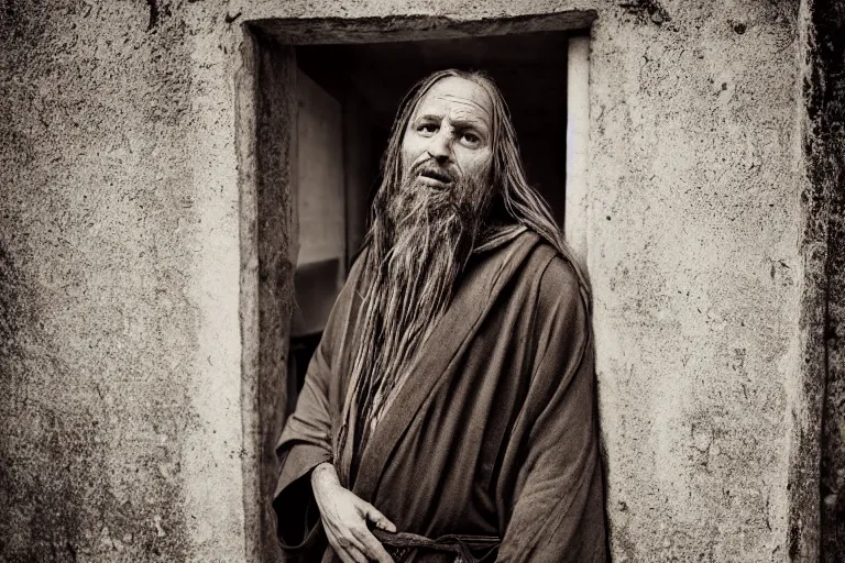 Prompt: character and environment photography, portrait shamanistic infested 4 0 - year - old male druid, messy hair, old tattered robe, medium shot, wide angle, 2 0 0 px, full front, natural light