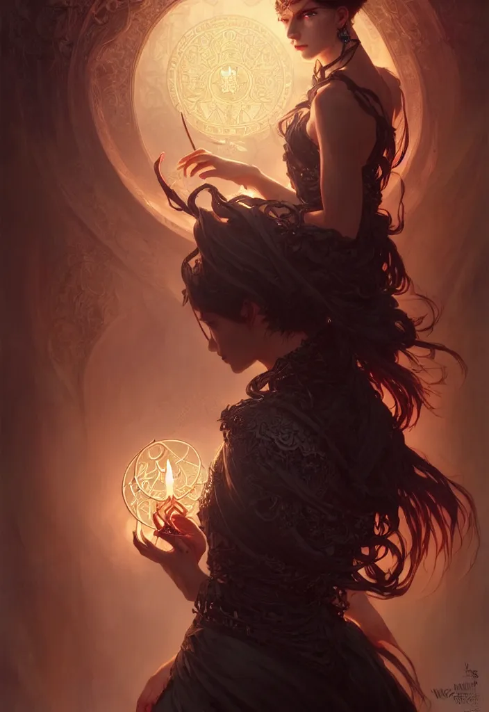 Image similar to Necromancer Sorceress, fantasy magic, undercut hairstyle, dark light night, intricate, elegant, sharp focus, illustration, highly detailed, digital painting, concept art, matte, art by WLOP and Artgerm and Greg Rutkowski and Alphonse Mucha, masterpiece