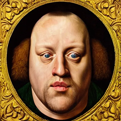 Image similar to portrait of kevin james, oil painting by jan van eyck, northern renaissance art, oil on canvas, wet - on - wet technique, realistic, expressive emotions, intricate textures, illusionistic detail