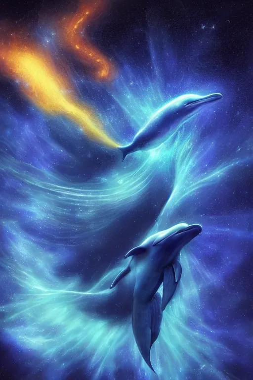 Image similar to Ethereal blue fire dolphin flying through a nebula, Sirius star system, star dust, cosmic, magical, shiny, glow,cosmos, galaxies, stars, outer space, stunning, by andreas rocha and john howe, and Martin Johnson Heade, featured on artstation, featured on behance, golden ratio, ultrawide angle, hyper detailed, photorealistic, epic composition, wide angle, f32, well composed, UE5, 8k