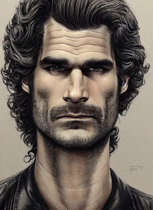 Prompt: portrait of henry caville, gritty, dark, wearing a undone leather jacket, hairy chest, very detailed eyes, hyperrealistic, very detailed painting by Glenn Fabry, by Joao Ruas, by Artgerm