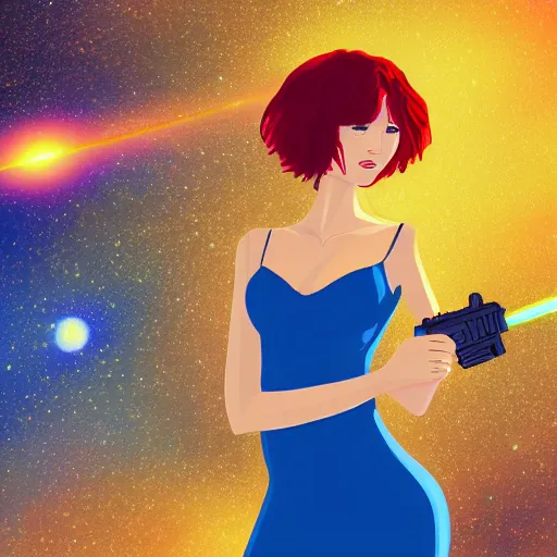 Prompt: red - haired woman in a tight blue dress, holding a laser gun, observing a sky with planets. illustration. digital art epic. like a dream detailed, 8 k.