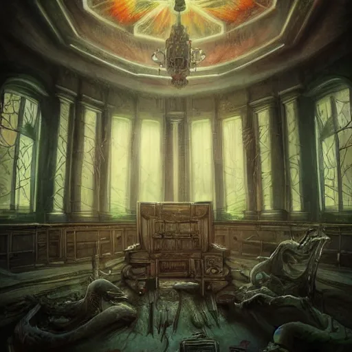 Prompt: eldritch legislature, fantasy illustration, realistic colorful photography, interior, hyperrealism, epic dramatic