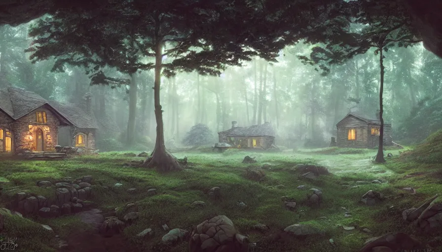 Image similar to A highly detailed matte painting of cottage in a dark forest, by Studio Ghibli, Makoto Shinkai, by Artgerm, by beeple, by Greg Rutkowski, volumetric lighting, octane render, 4K resolution, trending on artstation, masterpiece