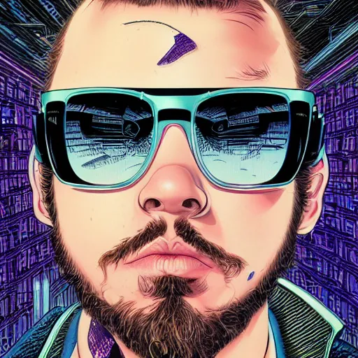 Prompt: portrait closeup of crazy cyber post malone wearing sunglasses, symmetrical, by yoichi hatakenaka, masamune shirow, josan gonzales and dan mumford, ayami kojima, takato yamamoto, barclay shaw, karol bak, yukito kishiro