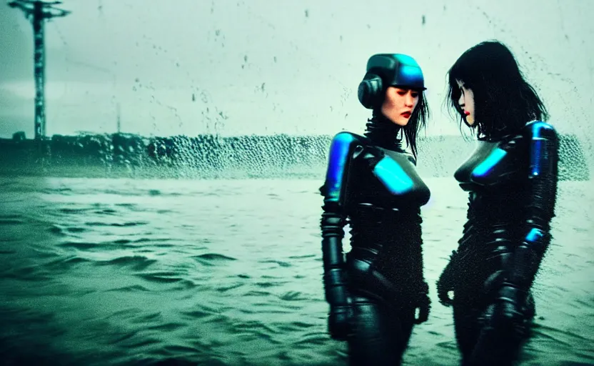 Image similar to cinestill 5 0 d candid action photographic portrait by quentin tarantino of two loving female androids wearing rugged black mesh techwear in treacherous waters, extreme closeup, modern cyberpunk tesla retrofuturism moody emotional cinematic, pouring iridescent rain, 8 k, hd, high resolution, 3 5 mm, f / 3 2, motion blur, ultra realistic faces, ex machina