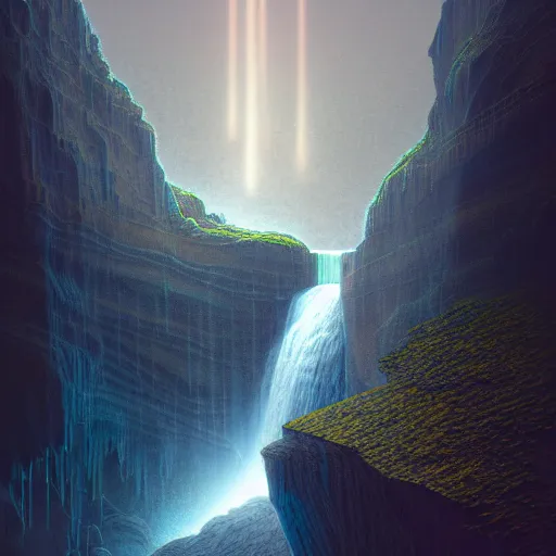 Image similar to falling water light is mine to travel,beyond time ,the cathedrals in a canyon grotto of life the beginning , geological strata,ground mist, by Sparth and Greg Rutkowski, hypermaximalist,micro details, 3d sculpture,,digital rendering,octane render , 4k, artstation, concept art , f22,deep depth of field,photographic, wide angle,cinematic lighting