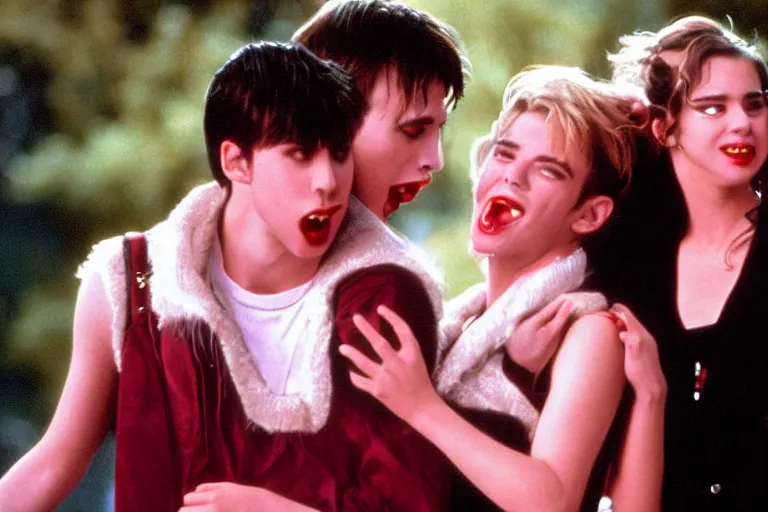 Prompt: film still of two vampires kiss, from john hughes coming - of - age high school comedy about lgbtq vampires in high school