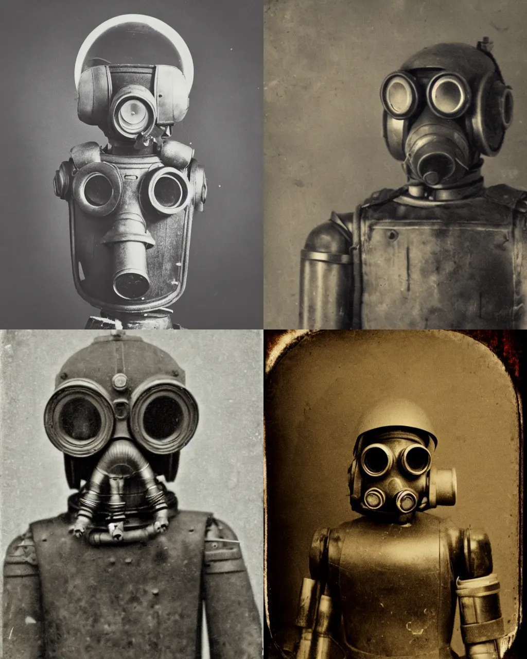 Prompt: 1800s photo of a robot, round goggles, gas mask-inspired, sepia, faded, blurry, blurry, blurry, creepy, daguerreotype