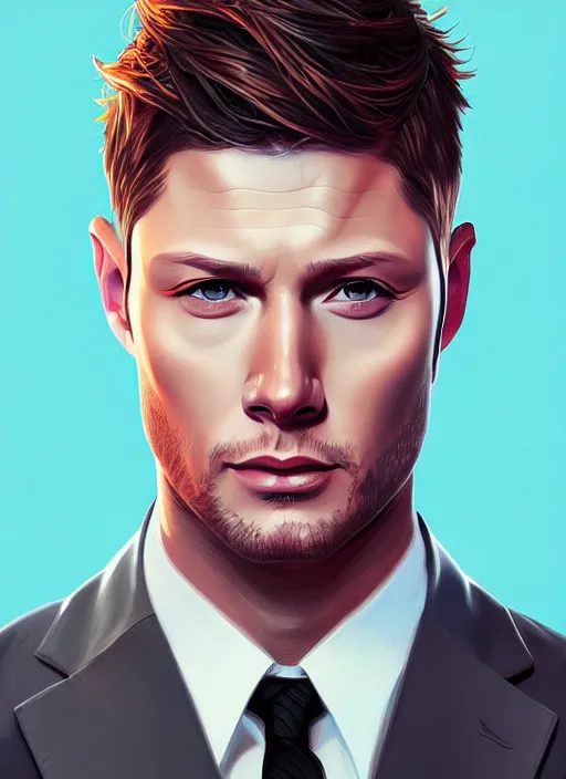 Image similar to portrait of jensen ackles, dramatic expression looking down, full body, lawyer suit, intricate, hivis, elegant, beautiful, highly detailed, digital painting, artstation, concept art, smooth, sharp focus, illustration, art by sakimi chan and guweiz