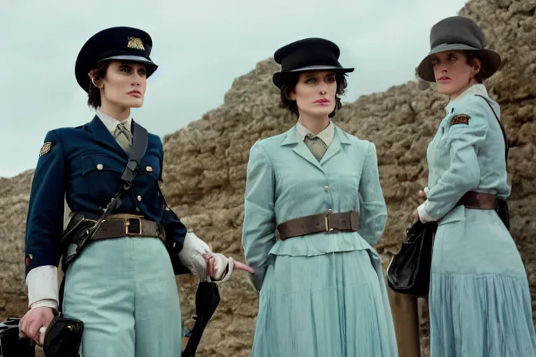 Prompt: wide-shot of kiera knightly/winona ryder as a constable in a movie directed by Wes Anderson, symmetrical shot, idiosyncratic, relentlessly detailed, pastel colour palette, detailed perfect face, movie still frame, promotional image, imax 70mm footage