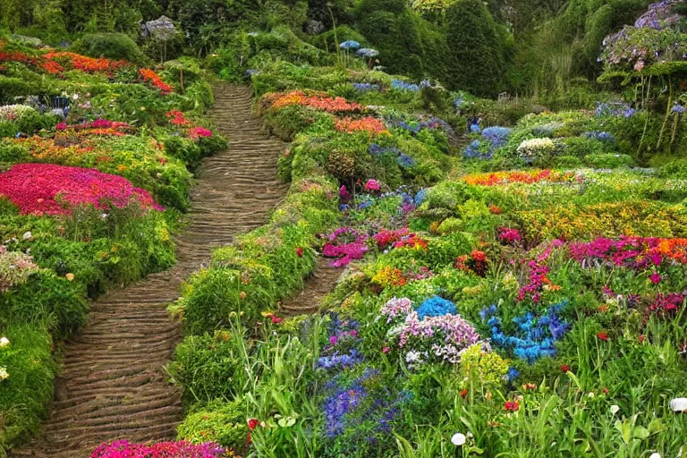 Prompt: outrageous flower garden next to a lush forest on a hill with tiny paths weaving everywhere and littl signposts marking the directions along the way, epic, beautiful light, highly detailed by beatrix potter, brian froud, amy brown, lisa frank