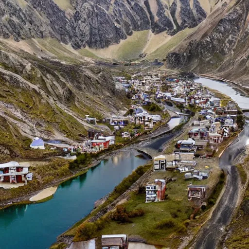 Prompt: beautiful small city in a chilly tundra nestled among mountains and rivers, aerial photography