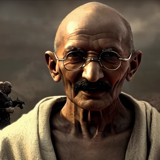 Image similar to Portrait of Mahatma Gandhi in Gears of War, splash art, movie still, cinematic lighting, dramatic, octane render, long lens, shallow depth of field, bokeh, anamorphic lens flare, 8k, hyper detailed, 35mm film grain