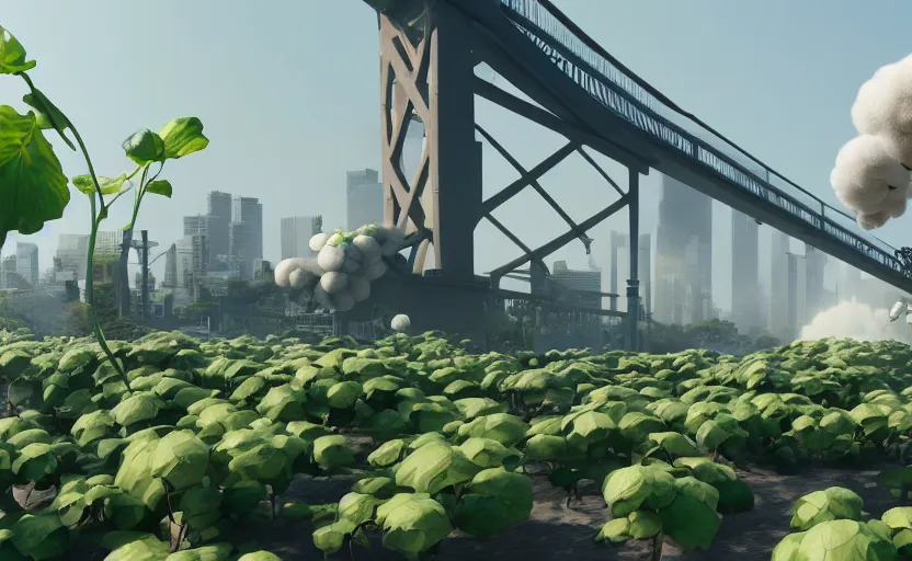 Image similar to explosions in the form of realistic cotton plants hit big harbour bridge, smooth, sharp focus, 3 d octane render, epic lighting, 8 k, by goro fujita