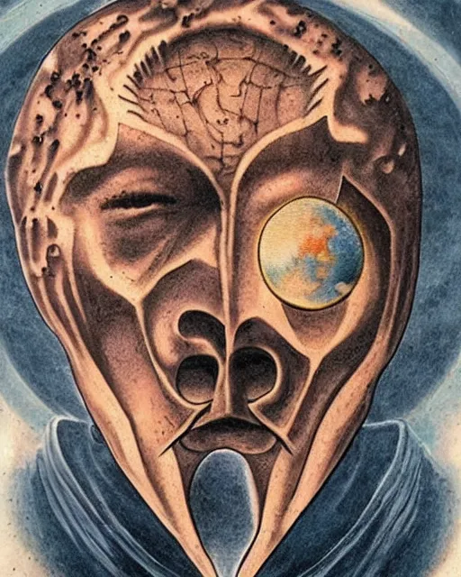 Image similar to planets emerge from the top of a broken renaissance head statue, tattoo design, hyper - realistic, in the style of tony santos