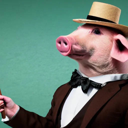 Image similar to a pig wearing a suit and a monocle, smoking a cigar, hyper realistic, 8k, portrait photography