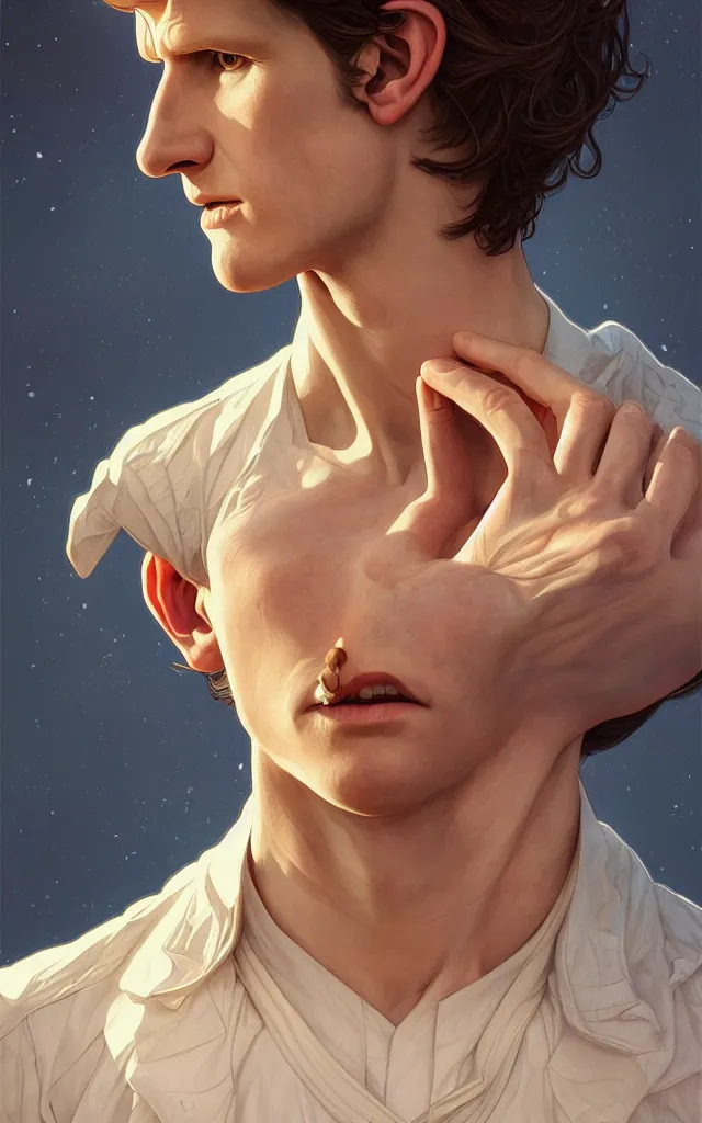 Image similar to symmetry portrait of matt smith, intricate, elegant, highly detailed, digital painting, artstation, concept art, smooth, sharp focus, illustration, art by artgerm and greg rutkowski and alphonse mucha