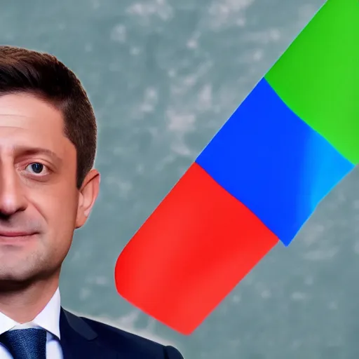 Prompt: zelensky against the background of the russian flag, a clear photo in color