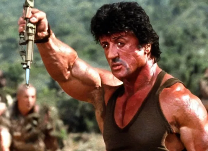 Image similar to sylvester stallone in a still from the movie Commando (1985)