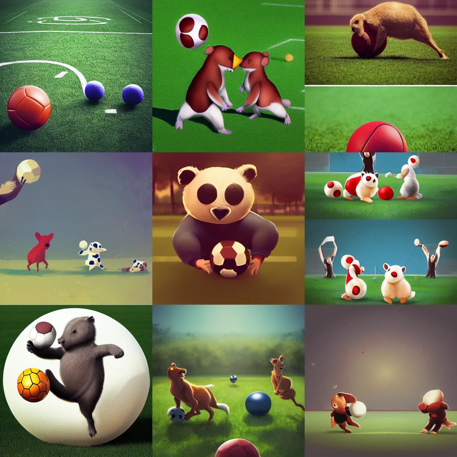 Prompt: round animals playing with ball on the football field, top artstation