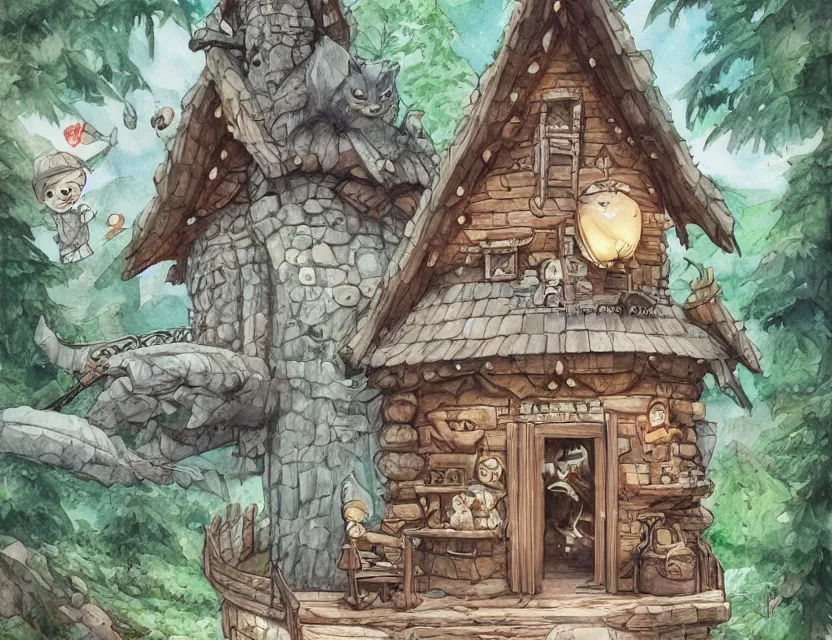 Image similar to cute and funny, a magicians cabin carved into a mountain, centered award winning watercolor pen illustration, edited by range murata, tiny details by artgerm and watercolor girl, sharply focused