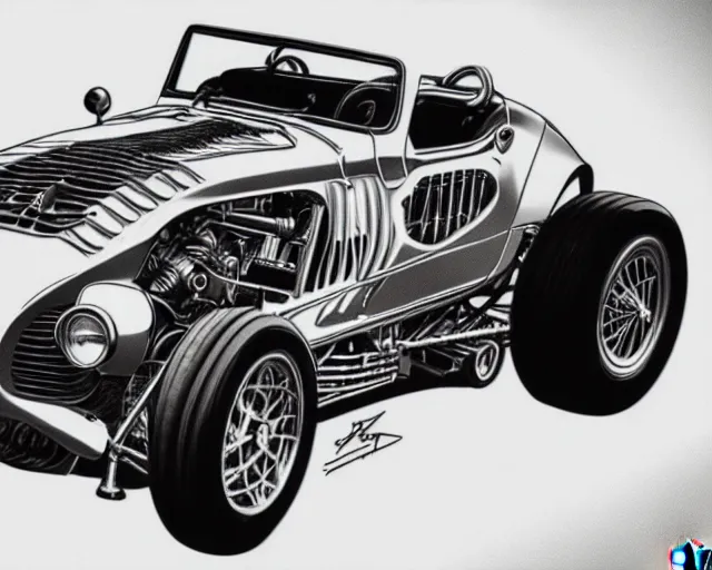 Image similar to Ferrari hotrod car with an open V12 engine, highly detailed, intricate, sharp focus, automotive magazine art