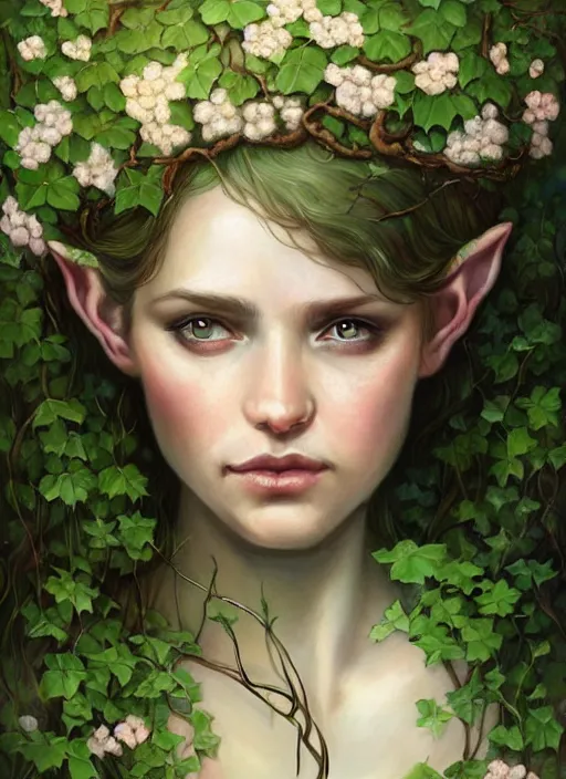 Image similar to beautiful portrait of a great fairy elf, her body wrapped with ivy vines and flowers, dark fantasy, d & d, fantasy, cinematic lighting, intricate, elegant, highly detailed, digital painting, artstation, concept art, matte, sharp focus, illustration, art by artgerm and tom bagshaw and greg rutkowski and alphonse mucha