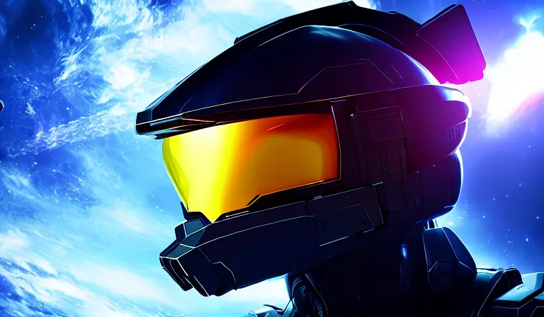 Prompt: cyberpunk halo helmet floating in space with reflections, epic, dramatic, photorealistic, award winning, 8k,