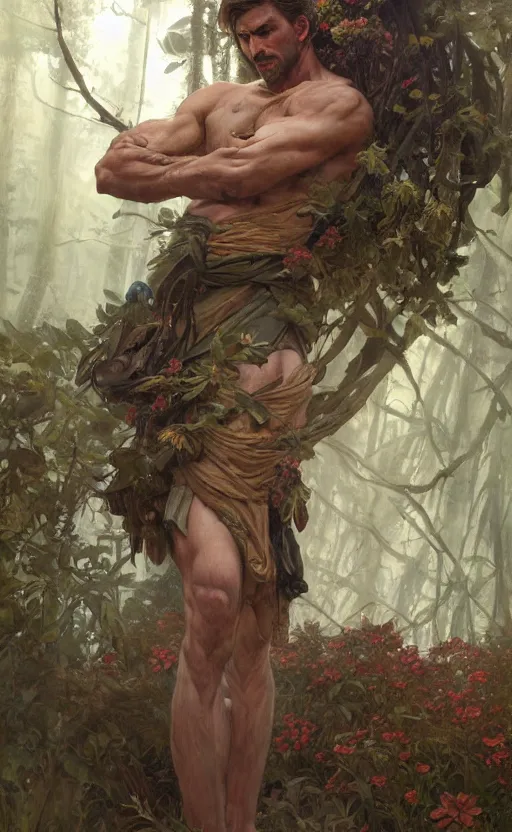 Image similar to god of the forest, rugged, handsome, male, detailed face, clean lines, atmospheric lighting, amazing, full body, thighs, flowers, muscular, intricate, highly detailed, digital painting, deviantart, concept art, sharp focus, illustration, art by greg rutkowski and alphonse mucha