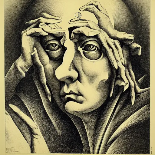 Prompt: lithography on paper conceptual figurative post - morden monumental dynamic portrait by goya and escher and hogarth, illusion surreal art, highly conceptual figurative art, intricate detailed illustration, controversial poster art, polish poster art, geometrical drawings, no blur