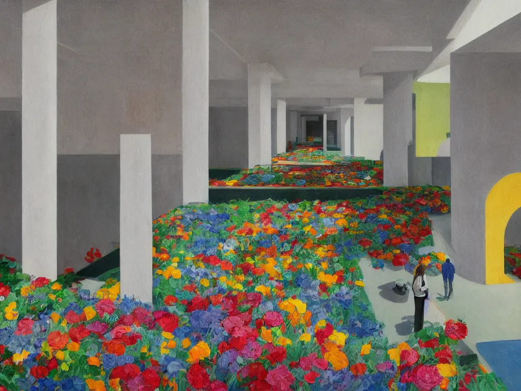 Prompt: colorful minimalist industrial interior hallway with monolithic pillars in the style of ridley scott and stanley kubrick, impossible architecture, pool ceiling, bed of flowers on floor, ultra view angle view, lone person in the distance, realistic detailed painting by edward hopper