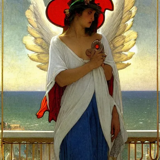 Image similar to An angel with jester hat and clothes on a greek circle archi on the front of a Balustrade with a beach and a sail boat on the background, major arcana cards, by paul delaroche, alphonse mucha and daniel garber daniel garber arnold böcklin hyperrealistic 8k, very detailed