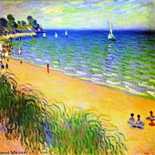 Image similar to Stunning post-impressionist painting of a day at the beach by Claude Monet