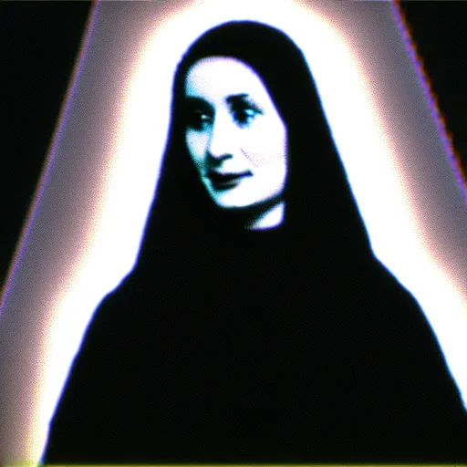 Prompt: vhs static overlay of marian apparition, vhs, 1 9 9 0, highly realistic, highly detailed, vhs noise static, black and white, vhs glitch