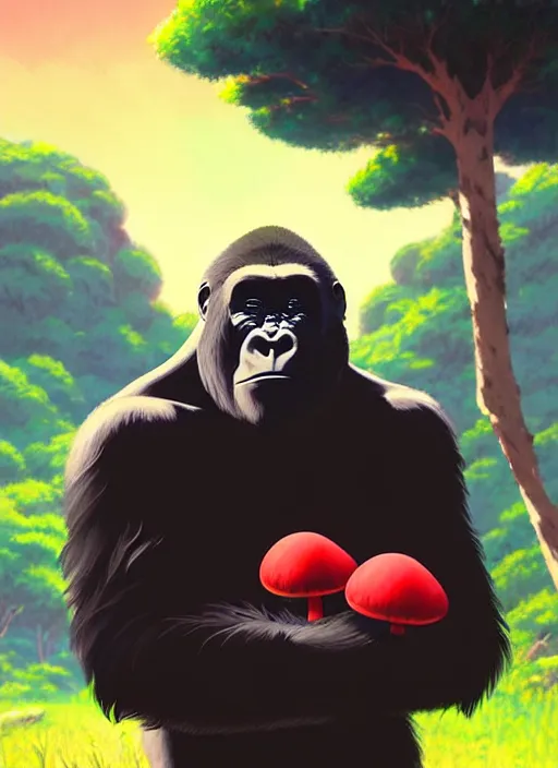 Prompt: portrait of gorilla holding a small red mushroom, sunny sky background, lush landscape, illustration concept art anime key visual trending pixiv fanbox by wlop and greg rutkowski and makoto shinkai and studio ghibli and kyoto animation, symmetrical facial features, black shirt, red headphones, backlit