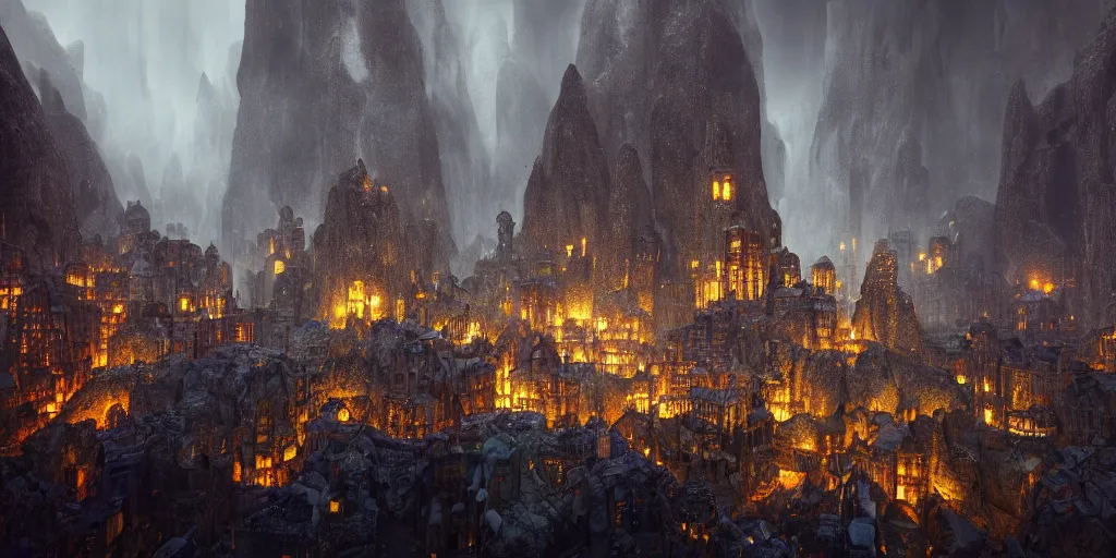 Image similar to A shining dwarven city in a dark cavern, rainy, dark and gloomy atmosphere, fantasy digital art, octane render, beautiful composition, trending on artstation, award-winning photograph, masterpiece