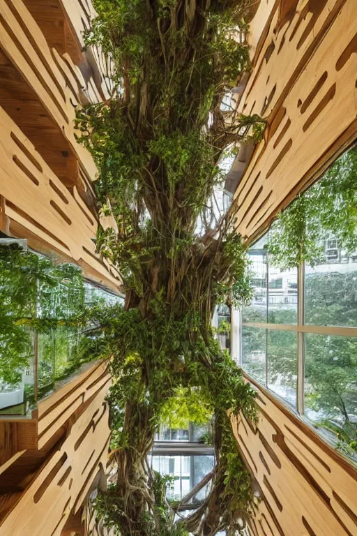 Image similar to urban atriums hyperdetailed hyperrealistic tree house, roots growing from bottom to ceiling, wooden modern decoration