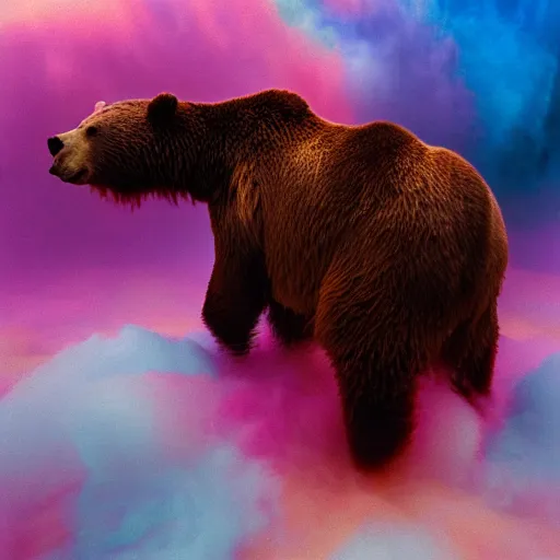 Image similar to film photography of a brown bear swimming through colourful clouds by Kim Keever, low shutter speed, 35mm