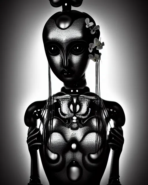 Image similar to surreal mythical dreamy dark artistic black and white fine art 3 / 4 fashion portrait photo of a young beautiful delicate female robot - owl with orchid - doll face, rim light, cinematic, studio dramatic light, poetic, masterpiece, octane render, 8 k, photo - realistic by gustave dore hg giger and man ray