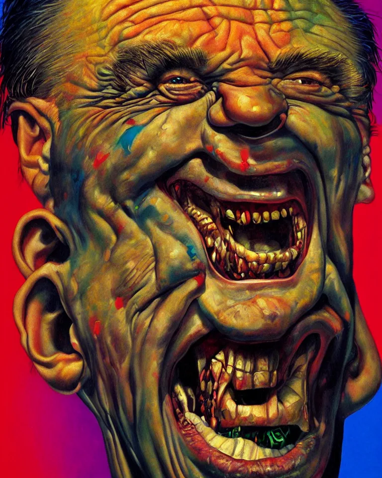 Image similar to hyper realistic painting, head of mark e smith from the fall laughing maniacally, outer glow, by simon bisley, lisa frank, chuck close and richard corben, very intense, depth of field, depth perception, hyperdetailed, rich deep vivid colours, sharp focus, directional lighting