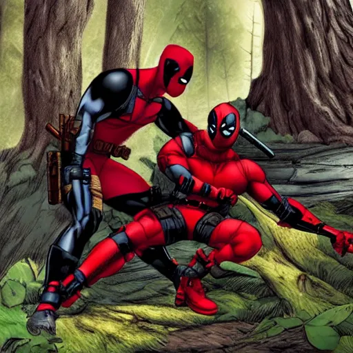 Image similar to deadpool and batman in the woods digital art 4 k detailed super realistic