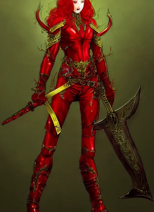 Image similar to Full body portrait of a handsome young red haired elven princess warrior wearing red, green and gold ornate leather jacket, golden tiara and an axe. In style of Yoji Shinkawa and Hyung-tae Kim, trending on ArtStation, dark fantasy, great composition, concept art, highly detailed.