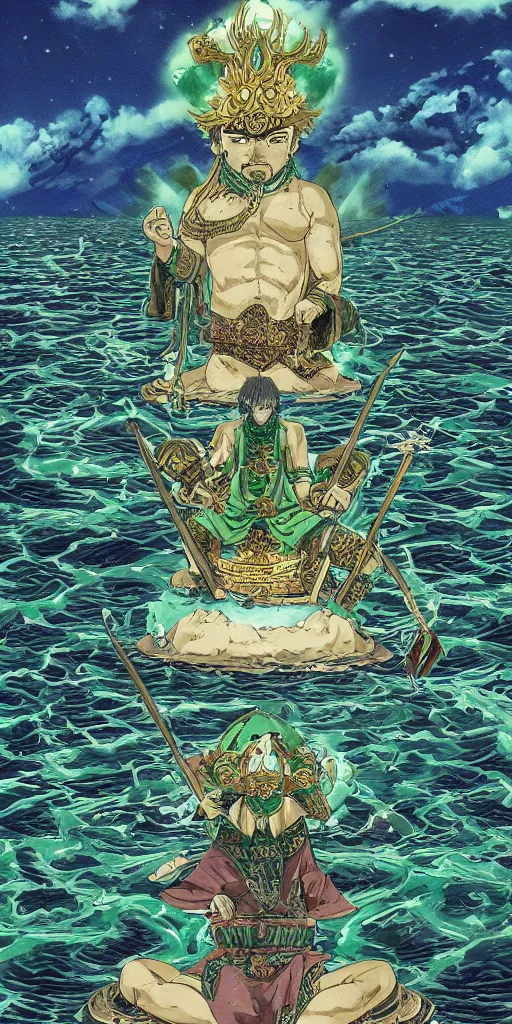 Image similar to a lone emperor sitting on a emerald throne floating on water in the middle of a lake drawn by Makoto Yukimura in the style of Vinland saga anime, full color, detailed, psychedelic, Authority, structure, a father figure, tarot card, The emperor tarot card