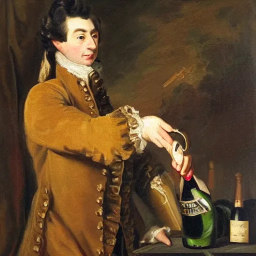 Prompt: oil painting by gainsborough of a gentleman in 1 8 th century clothing dramatically opening a bottle of champagne with a saber